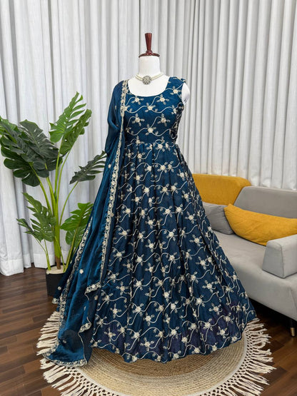 Party Wear Teal Color Fendy Silk Anarkali Gown Set