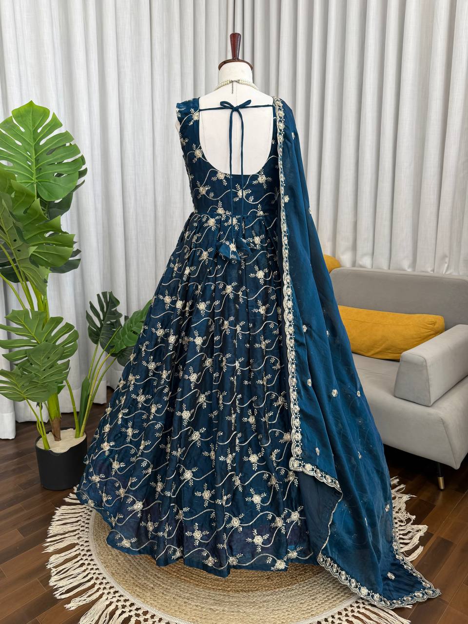 Party Wear Teal Color Fendy Silk Anarkali Gown Set