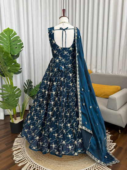 Party Wear Teal Color Fendy Silk Anarkali Gown Set