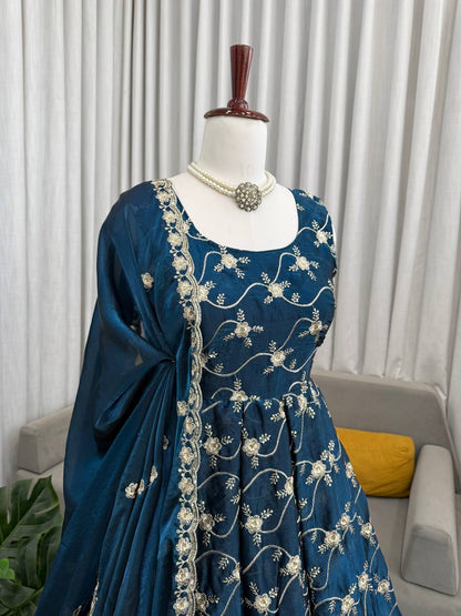 Party Wear Teal Color Fendy Silk Anarkali Gown Set