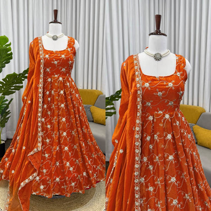 Neha's Orange Color Fendy Silk Anarkali Gown Set