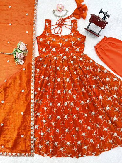 Neha's Orange Color Fendy Silk Anarkali Gown Set