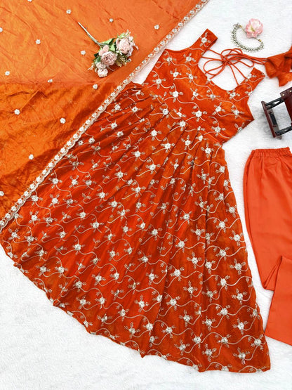 Neha's Orange Color Fendy Silk Anarkali Gown Set
