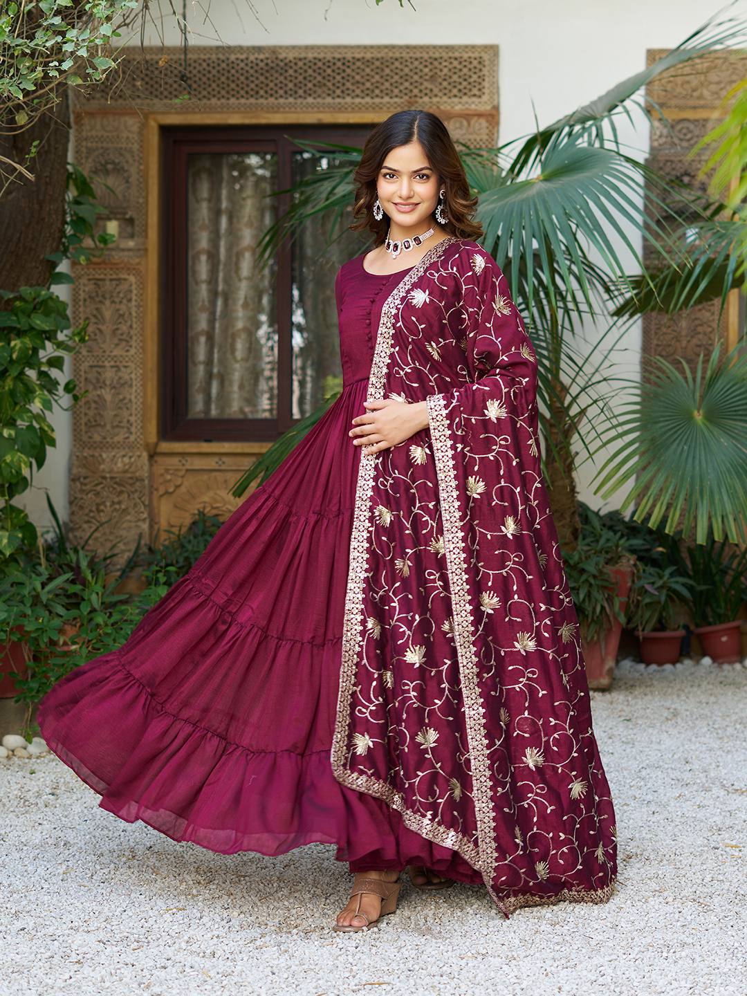 Occasion Wear Wine Color Pure Vichitra Silk Designer Gown