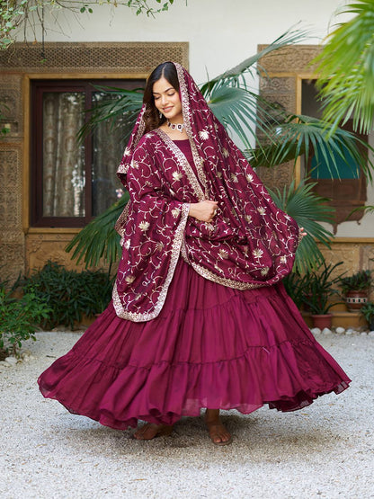 Occasion Wear Wine Color Pure Vichitra Silk Designer Gown