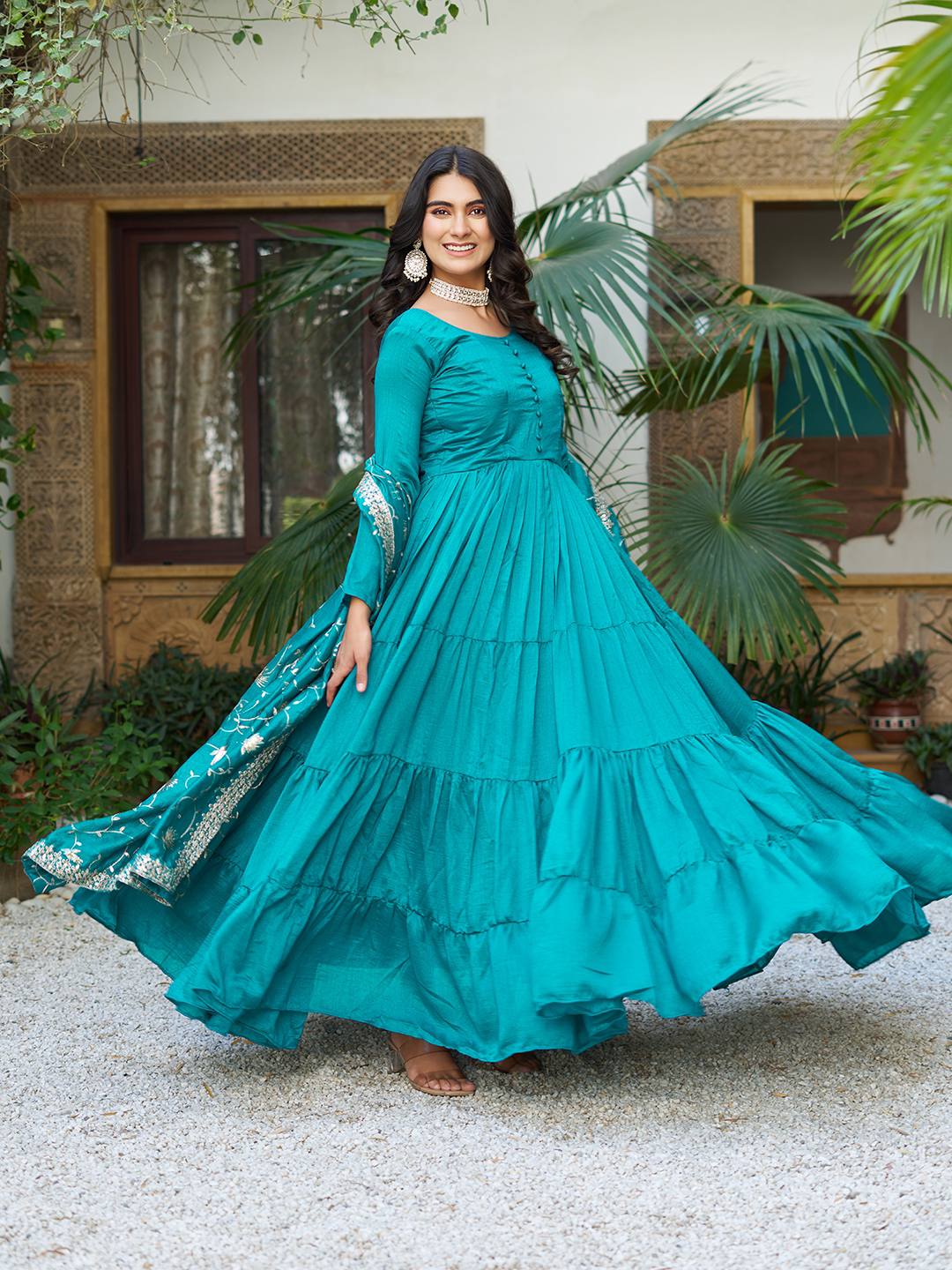 Occasion Wear Sky Green Color Pure Vichitra Silk Designer Gown