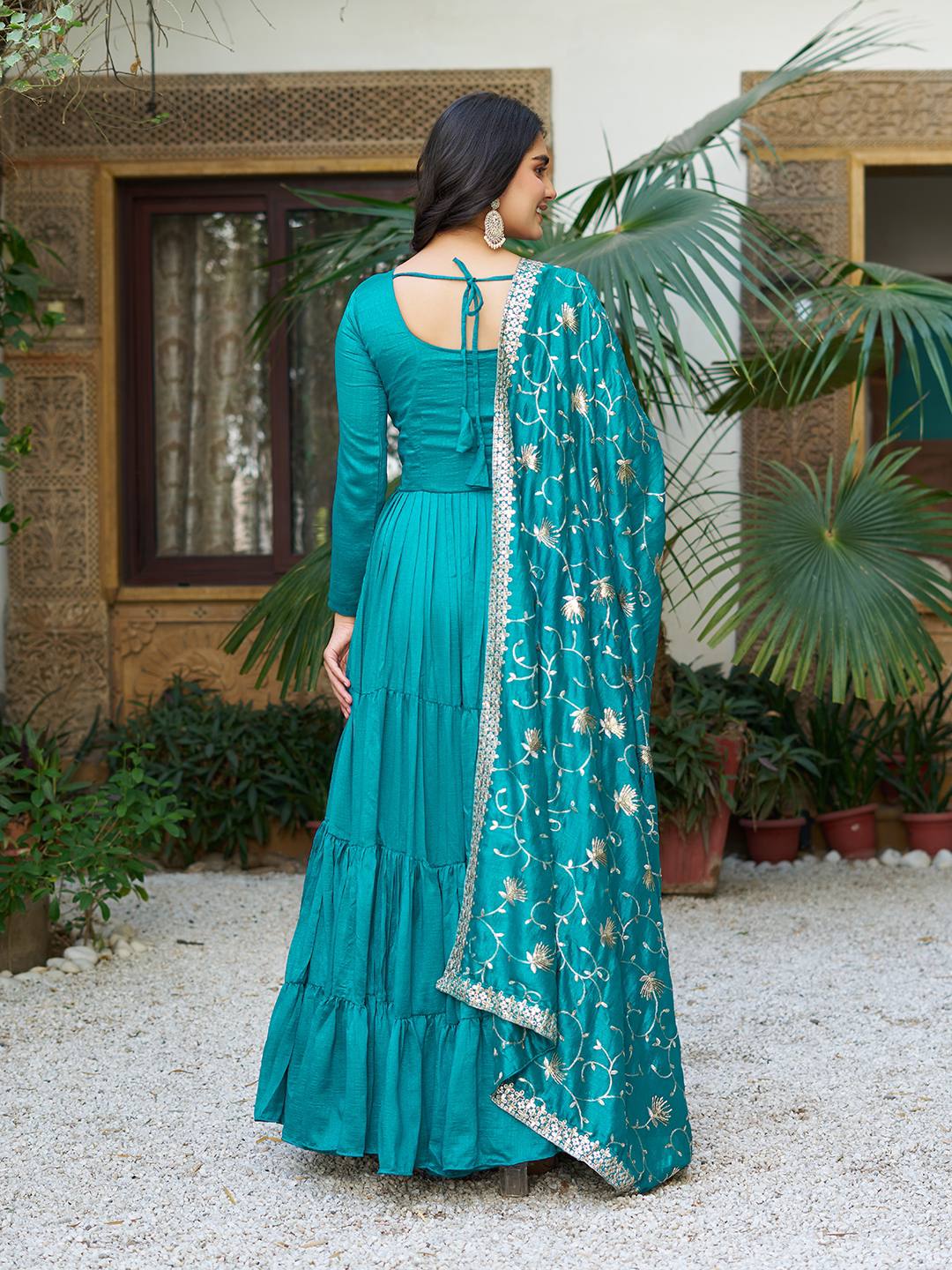 Occasion Wear Sky Green Color Pure Vichitra Silk Designer Gown
