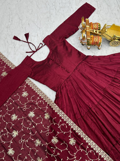 Occasion Wear Wine Color Pure Vichitra Silk Designer Gown