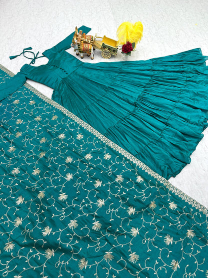 Occasion Wear Sky Green Color Pure Vichitra Silk Designer Gown