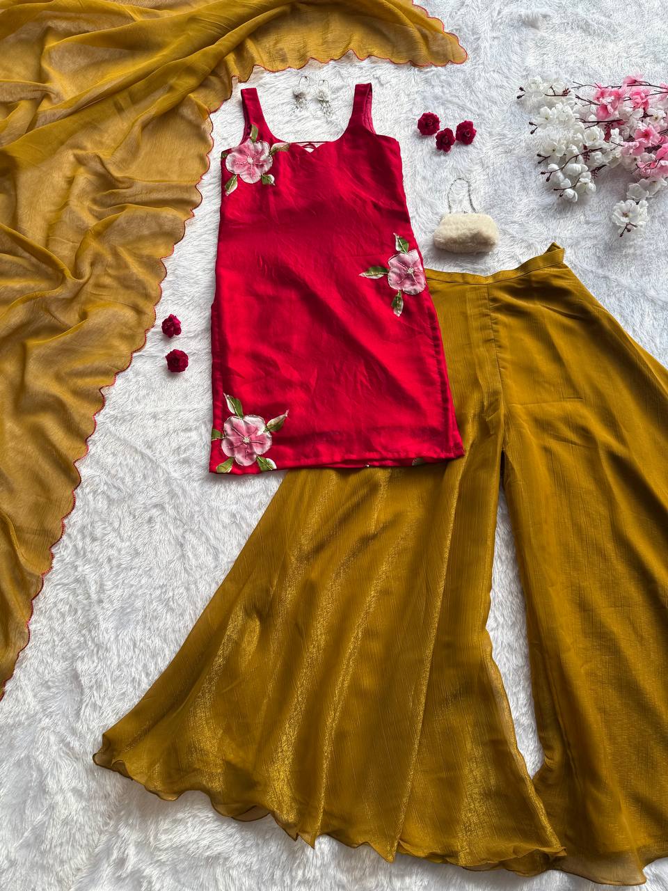Wedding Wear Mustard Color Hand Painted Fendy Silk Palazzo Set