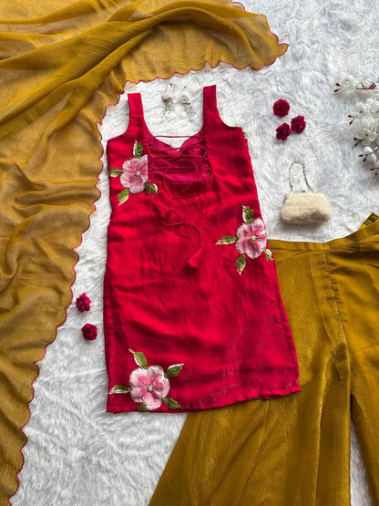 Wedding Wear Mustard Color Hand Painted Fendy Silk Palazzo Set