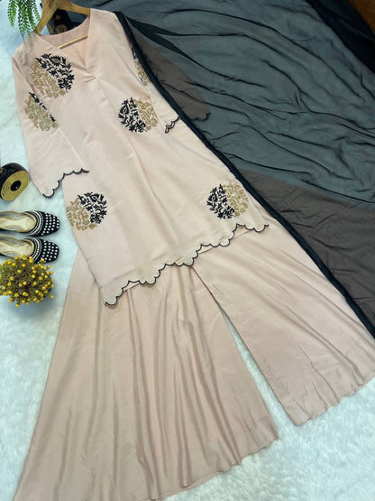Party Wear Cream Color Pure Heavy Roman Silk 3-Piece Palazzo Suit