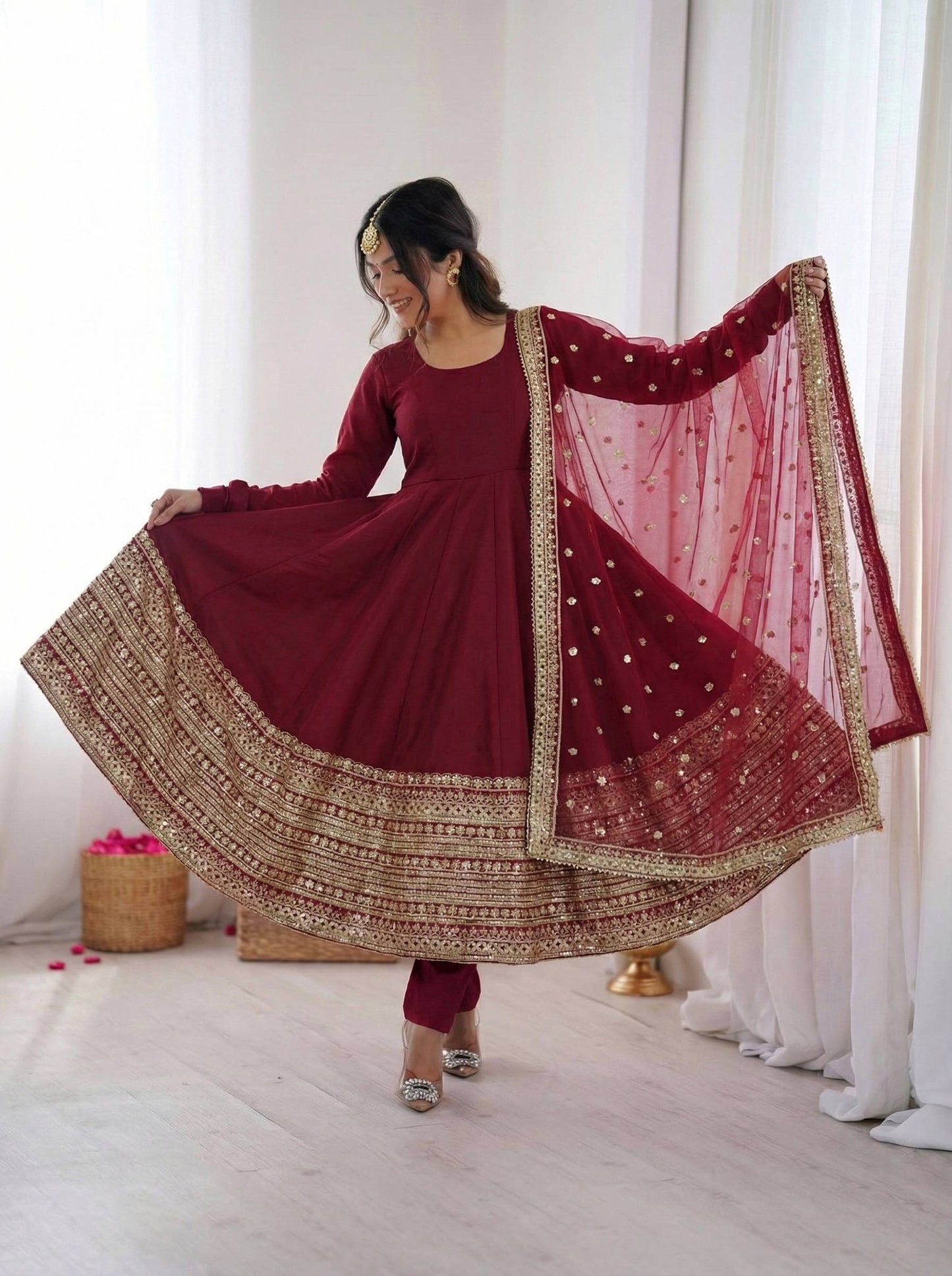 Designer Maroon Color Pure SIlk Embroidered Full Flair Anarkali Suit