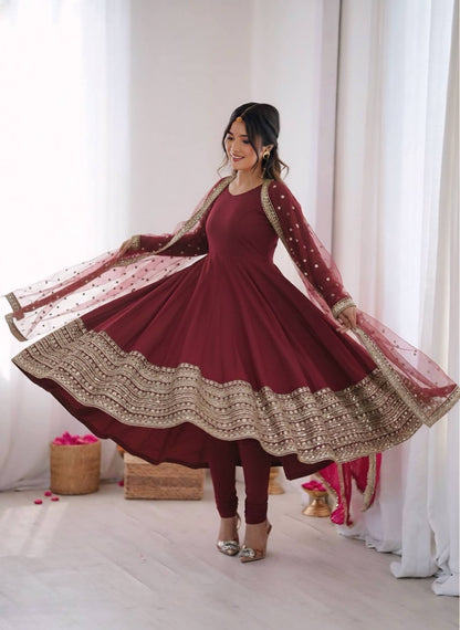 Designer Maroon Color Pure SIlk Embroidered Full Flair Anarkali Suit