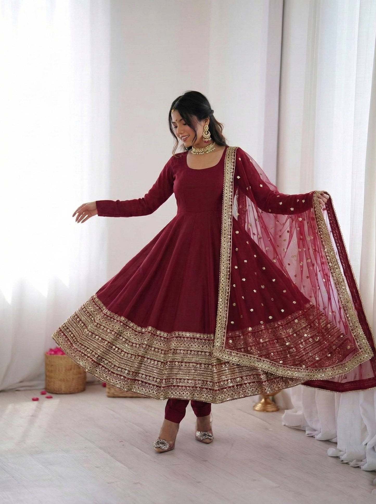 Designer Maroon Color Pure SIlk Embroidered Full Flair Anarkali Suit