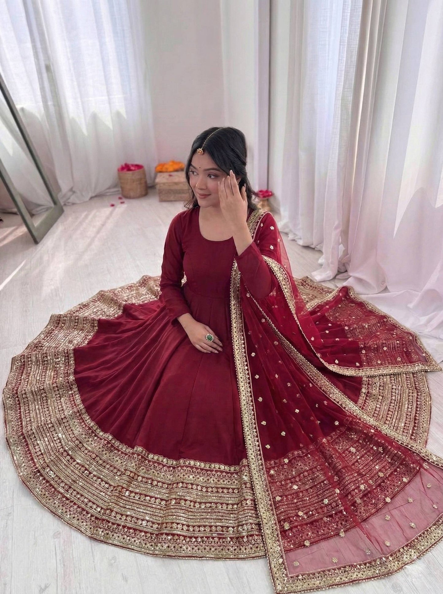 Designer Maroon Color Pure SIlk Embroidered Full Flair Anarkali Suit