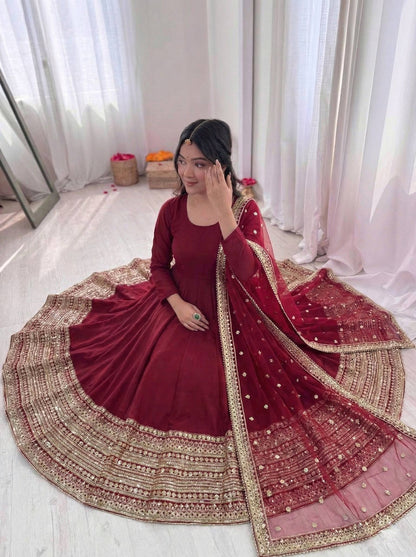 Designer Maroon Color Pure SIlk Embroidered Full Flair Anarkali Suit