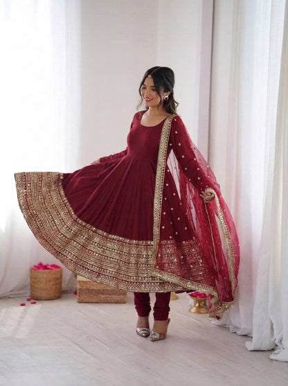 Designer Maroon Color Pure SIlk Embroidered Full Flair Anarkali Suit