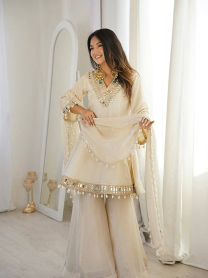 Arti Chauhan Wear Cream Color Tebby Organza Silk Sharara Set