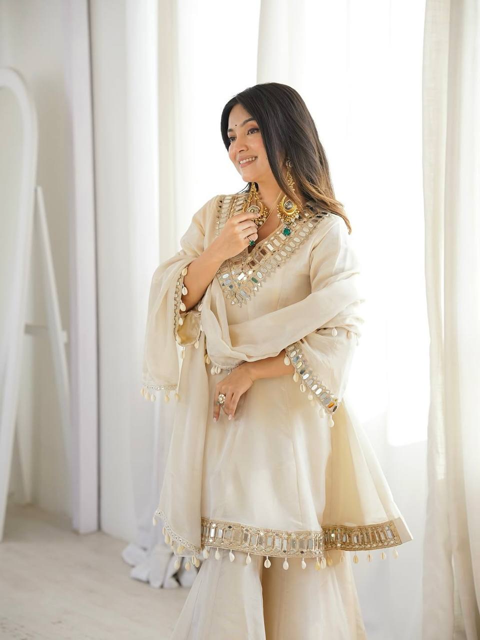 Arti Chauhan Wear Cream Color Tebby Organza Silk Sharara Set