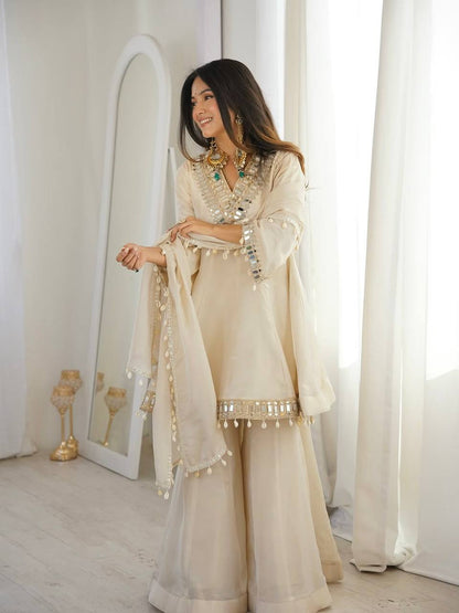 Arti Chauhan Wear Cream Color Tebby Organza Silk Sharara Set