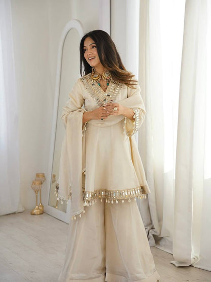 Arti Chauhan Wear Cream Color Tebby Organza Silk Sharara Set