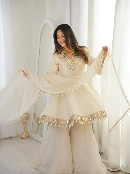 Arti Chauhan Wear Cream Color Tebby Organza Silk Sharara Set