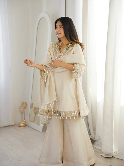 Arti Chauhan Wear Cream Color Tebby Organza Silk Sharara Set