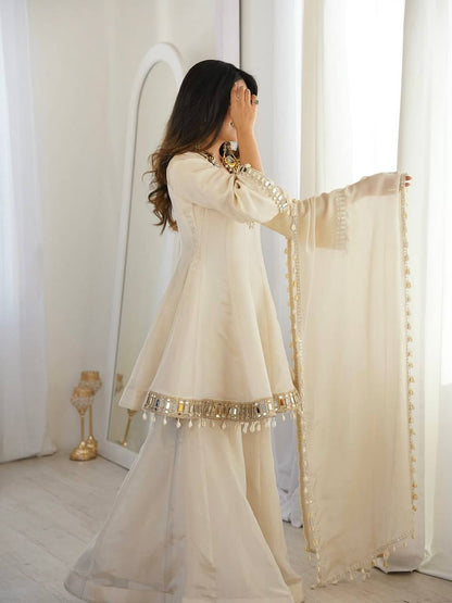 Arti Chauhan Wear Cream Color Tebby Organza Silk Sharara Set