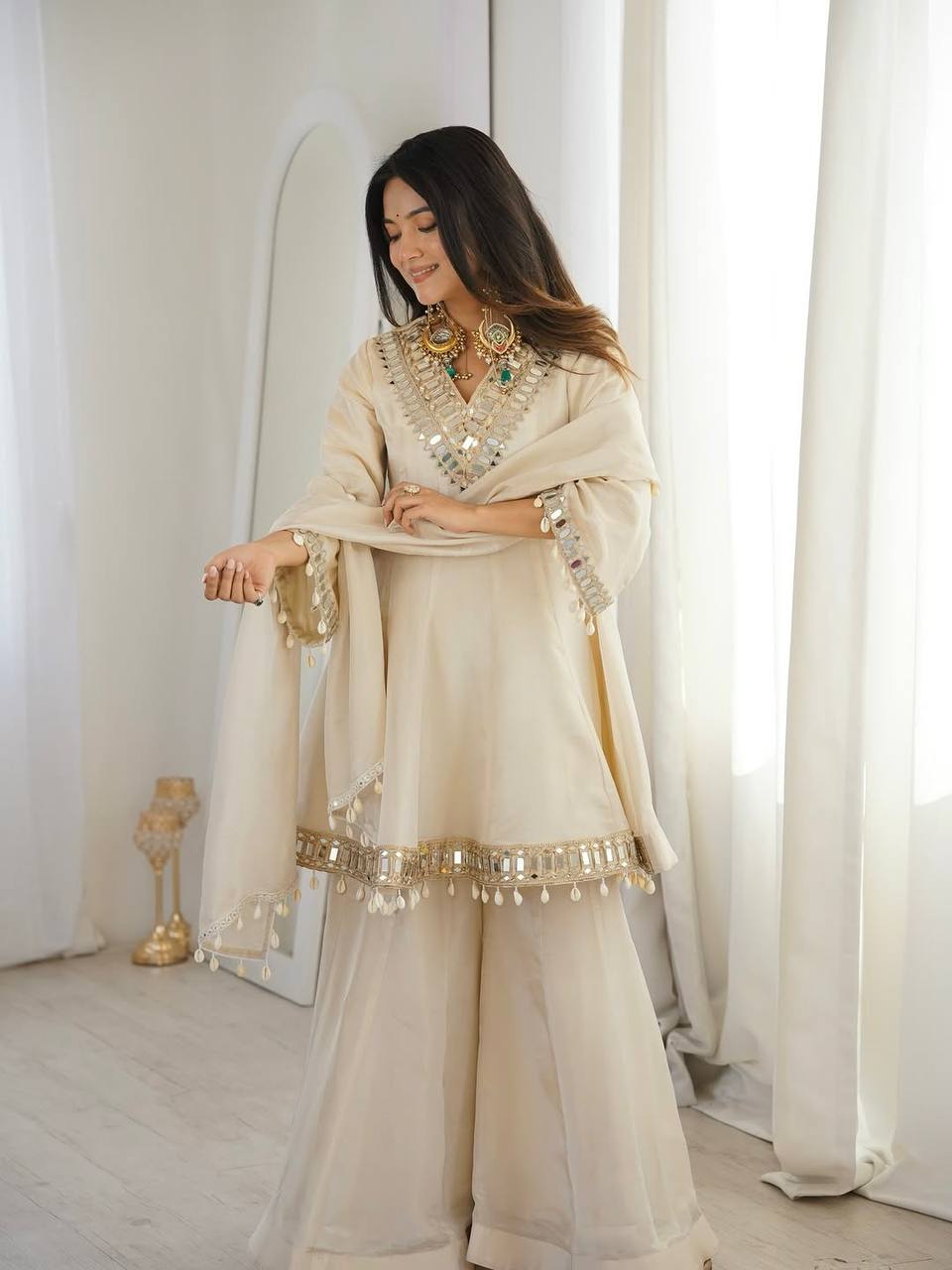 Arti Chauhan Wear Cream Color Tebby Organza Silk Sharara Set