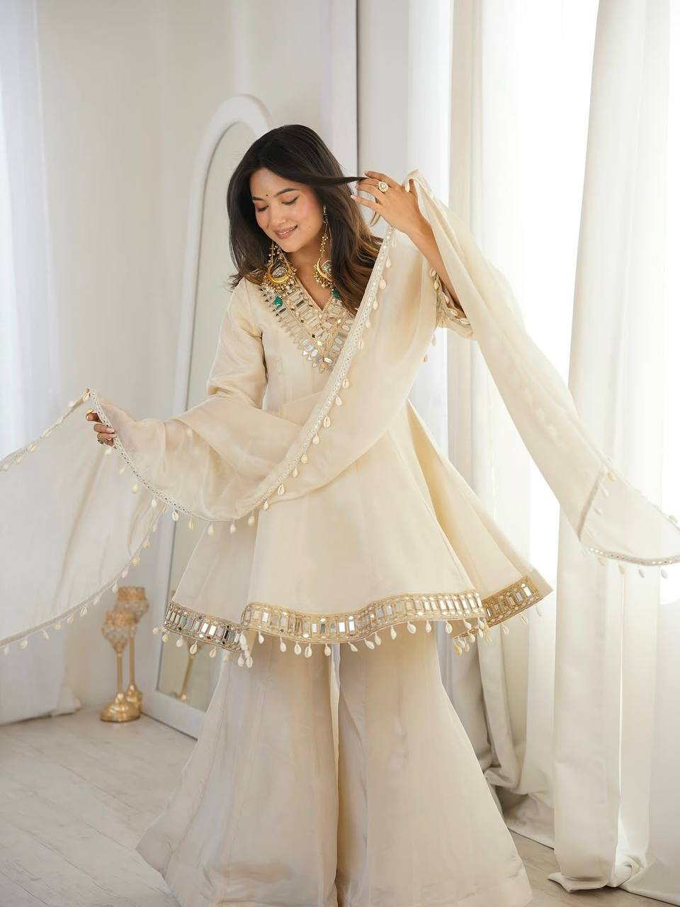Arti Chauhan Wear Cream Color Tebby Organza Silk Sharara Set
