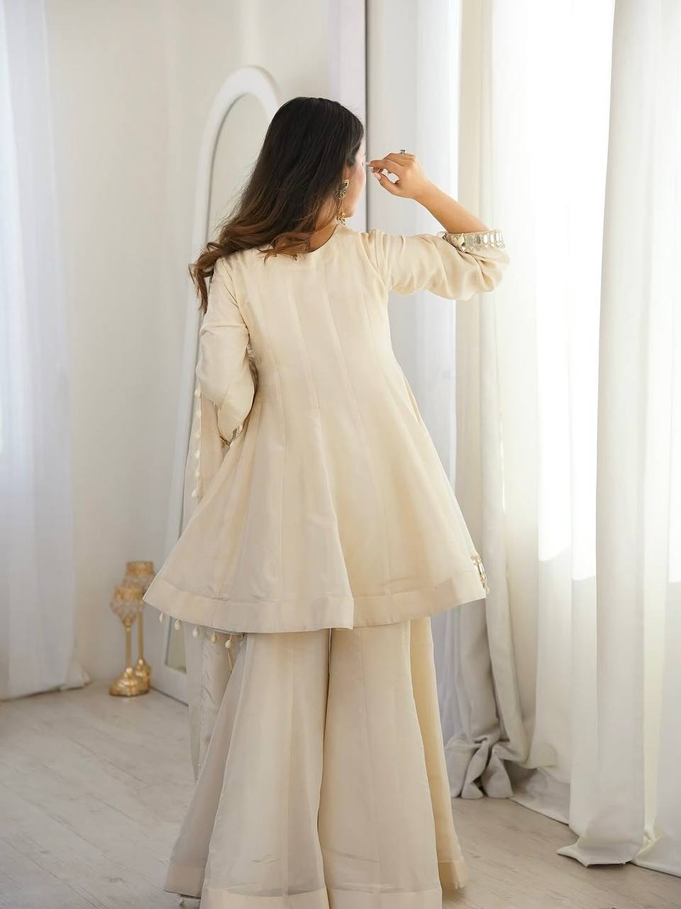 Arti Chauhan Wear Cream Color Tebby Organza Silk Sharara Set