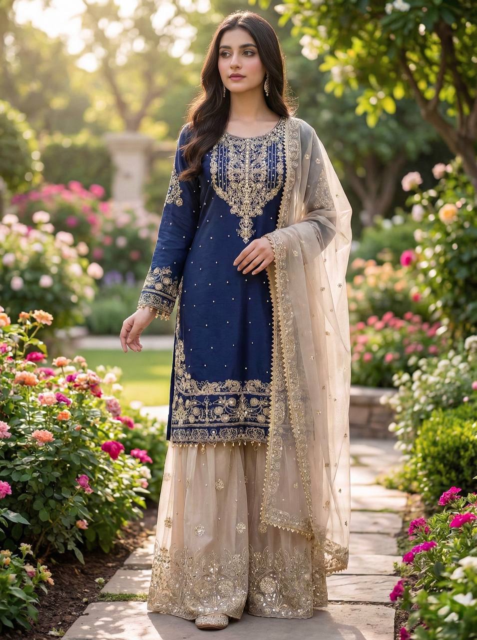 Festive Wear Navy Blue Color Embroidered Top With Palazzo Suit