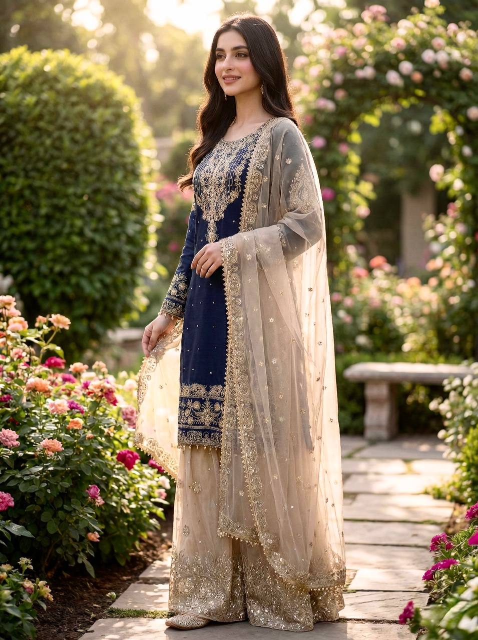 Festive Wear Navy Blue Color Embroidered Top With Palazzo Suit