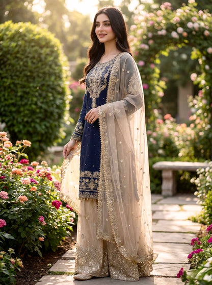Festive Wear Navy Blue Color Embroidered Top With Palazzo Suit
