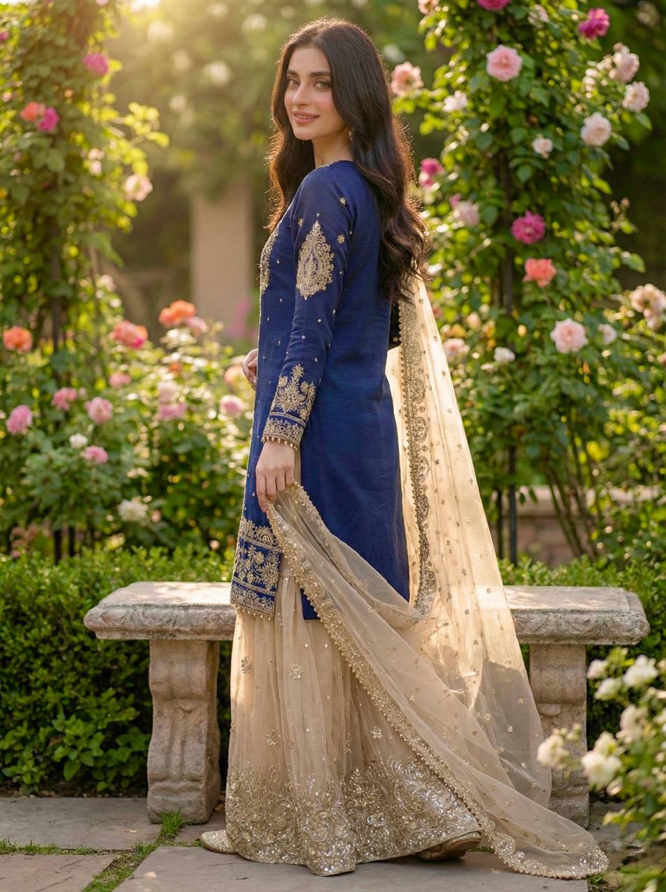 Festive Wear Navy Blue Color Embroidered Top With Palazzo Suit