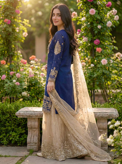 Festive Wear Navy Blue Color Embroidered Top With Palazzo Suit