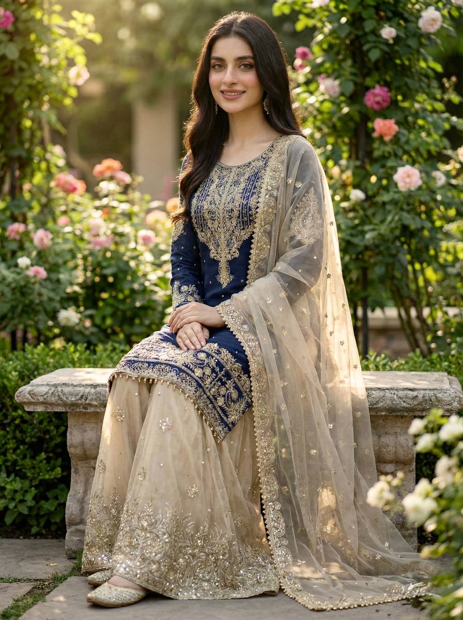 Festive Wear Navy Blue Color Embroidered Top With Palazzo Suit