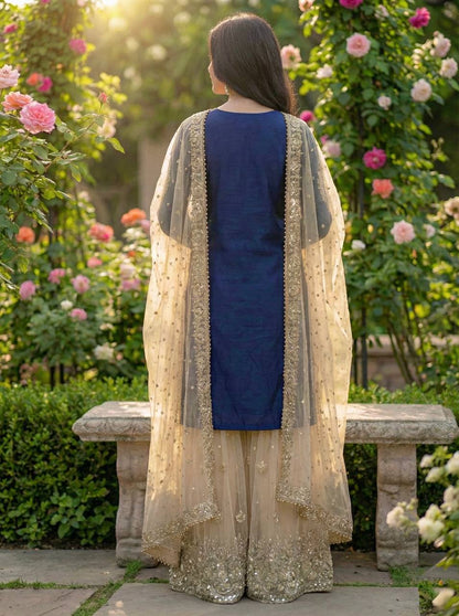 Festive Wear Navy Blue Color Embroidered Top With Palazzo Suit