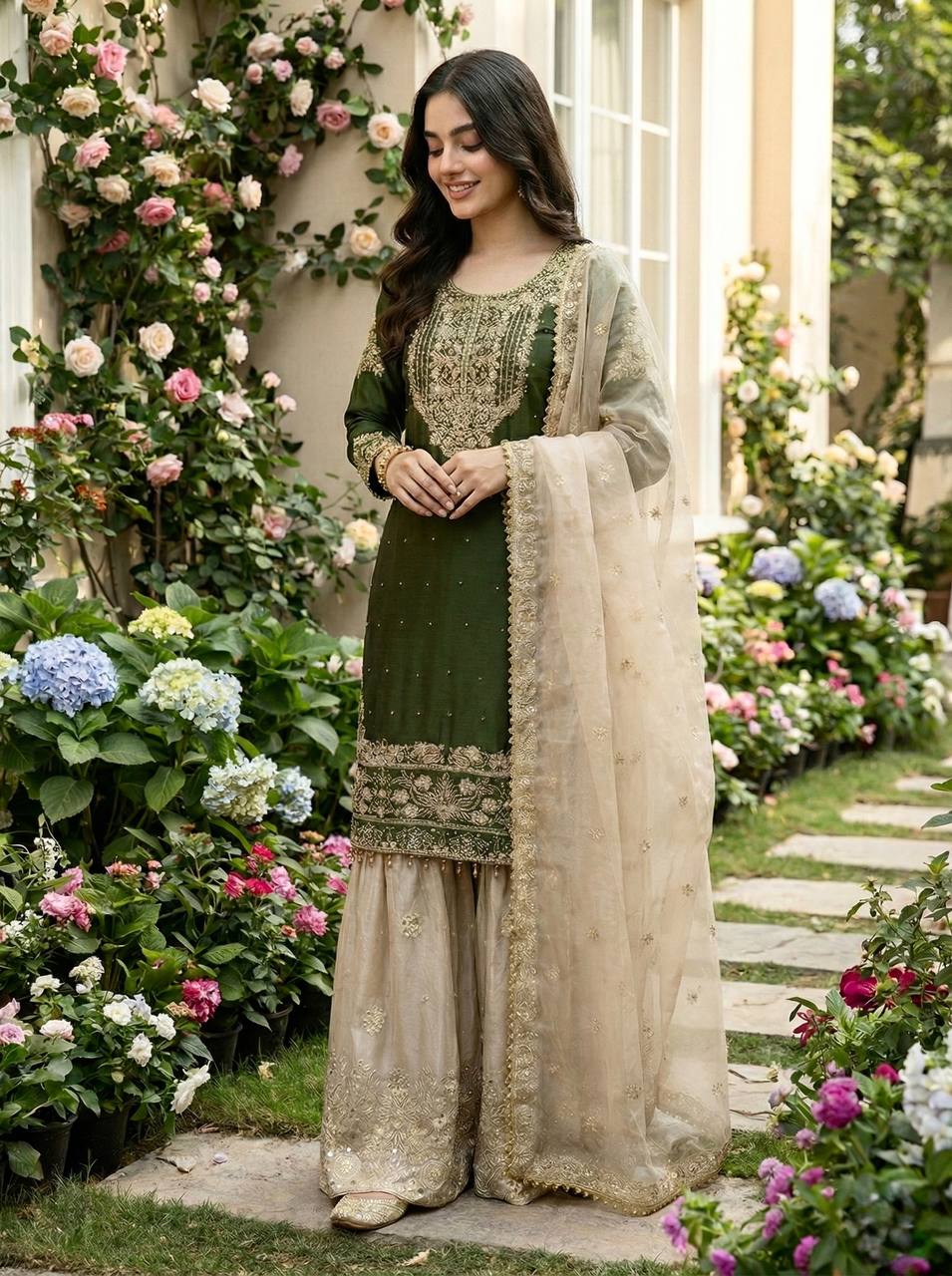 Ceremony Wear Green Color Embroidered Top With Palazzo Suit