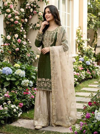 Ceremony Wear Green Color Embroidered Top With Palazzo Suit