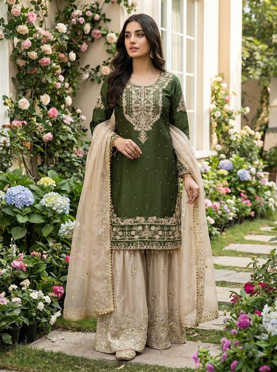Ceremony Wear Green Color Embroidered Top With Palazzo Suit