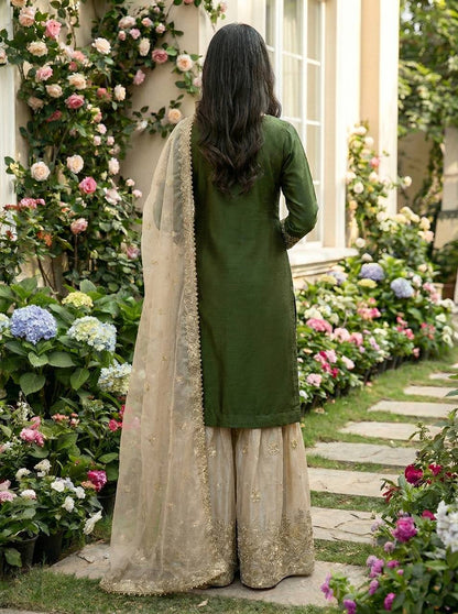 Ceremony Wear Green Color Embroidered Top With Palazzo Suit