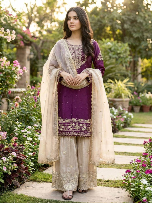 Ceremony Wear Purple Color Embroidered Top With Palazzo Suit