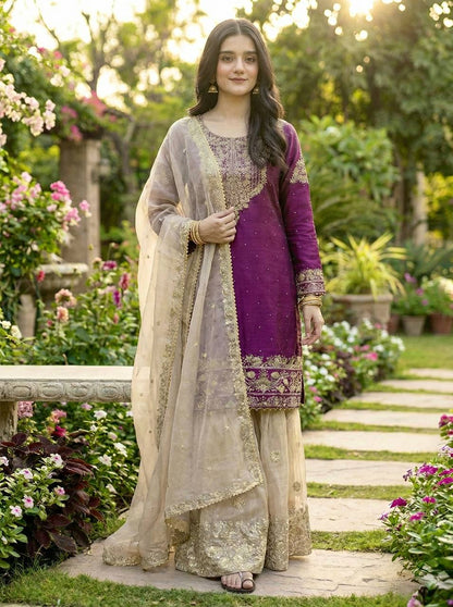 Ceremony Wear Purple Color Embroidered Top With Palazzo Suit