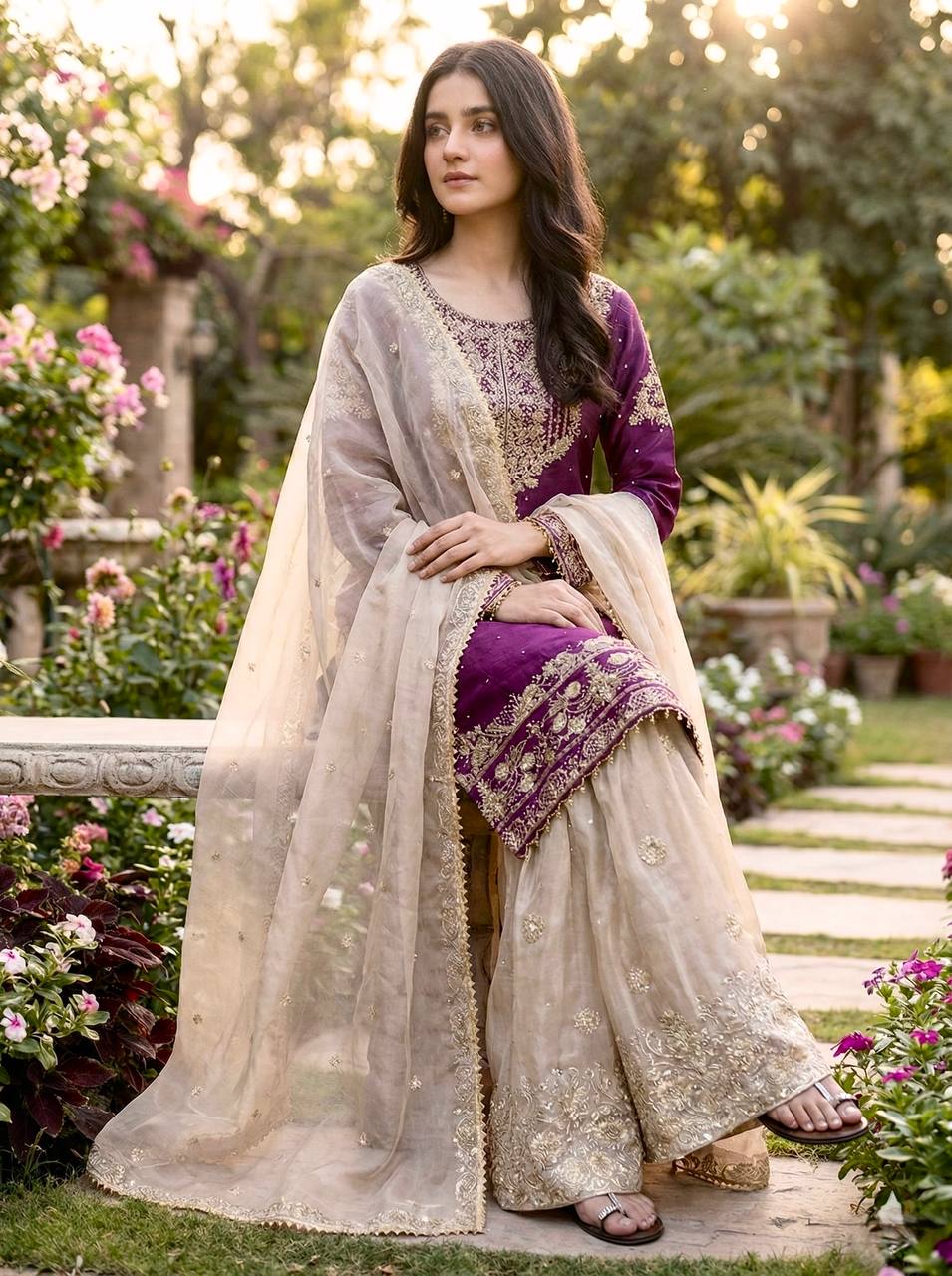 Ceremony Wear Purple Color Embroidered Top With Palazzo Suit