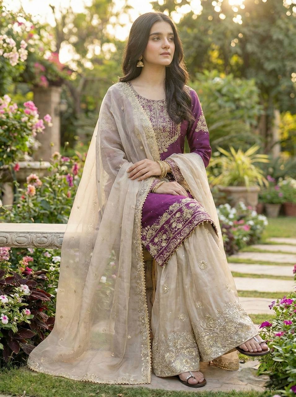 Ceremony Wear Purple Color Embroidered Top With Palazzo Suit