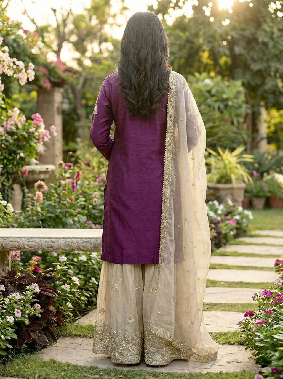 Ceremony Wear Purple Color Embroidered Top With Palazzo Suit