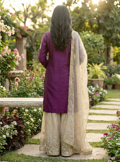 Ceremony Wear Purple Color Embroidered Top With Palazzo Suit