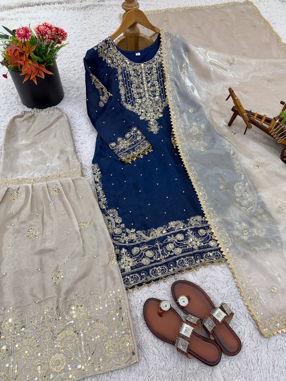 Festive Wear Navy Blue Color Embroidered Top With Palazzo Suit